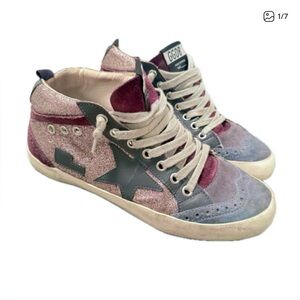 Golden Goose Pink Glitter & Gray Suede Mid-Top Sneakers